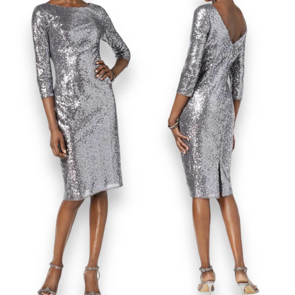 Adrianna Papell Shimmering Silver Long Sleeve Dress